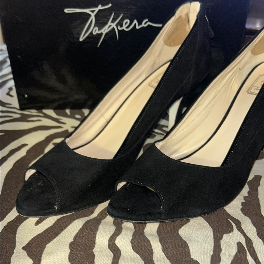 Sleek Black Suede Leather Heels, with patent trim, size 15